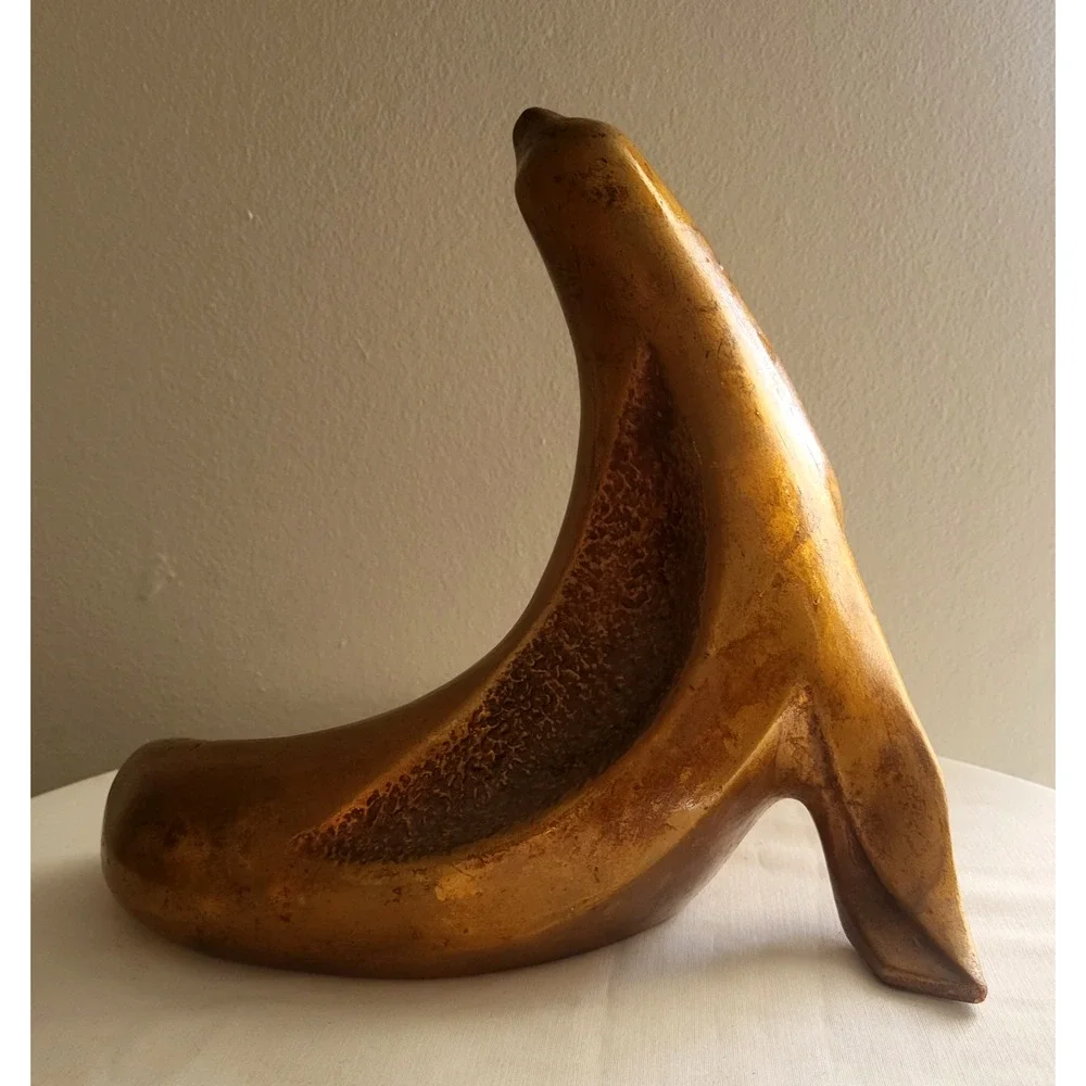 Vintage USA 951 Ceramic Pottery Seal Sea Lion Statue Sculpture Gold Glaze XLarge